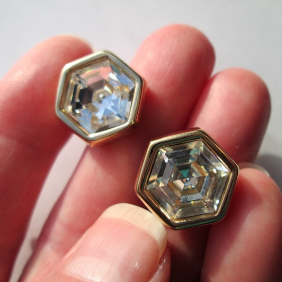 ✨Vintage SAL S.A.L. Swarovski America Limited Hexagonal Stud Earrings Crystal - Picture 2 of 14